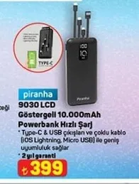 Piranha 9030 Lcd Göstergeli 10.000Mah Powerbank Hızlı Şarj