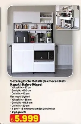 Sezeray Dicle Metal Çekmeceli Raflı Kapaklı Kahve Köşesi