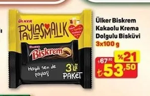 Ülker Biskrem Kakaolu Krema Dolgulu Bisküvi 3X100 G