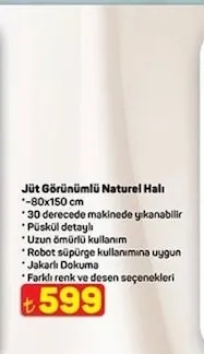 Jüt Görünümlü Naturel Halı - 80X150 Cm