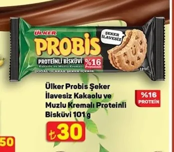 Ülker Probis Şeker İlavesiz Kakaolu Ve Muzlu Kremalı Proteinli Bisküvi 101 G