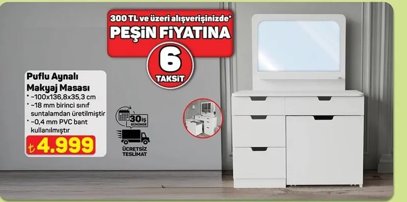 Puflu Aynalı Makyaj Masası