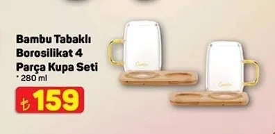 Bambu Tabaklı Borosilikat 4 Parça Kupa Seti 280 Ml