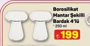 Borosilikat Mantar Şekilli Bardak 4'Lü 250 Ml