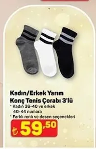 Kadın/Erkek Yarım Konç Tenis Çorabı 3'Lü