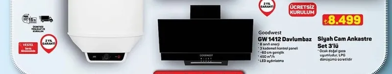 Goodwest Gw 1412 Davlumbaz Siyah Cam Ankastre Set 3'Lü