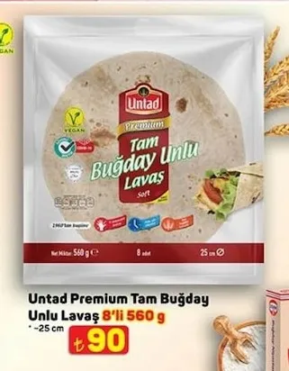 Untad Premium Tam Buğday Unlu Lavaş 8'Li 560 G