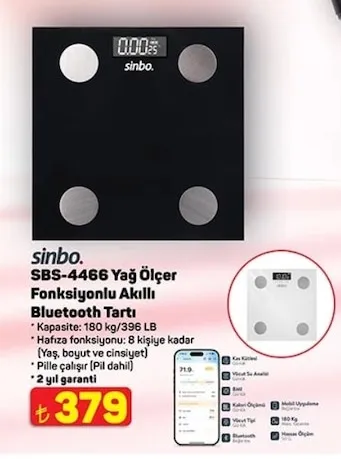 Sinbo Sbs-4466 Yağ Ölçer Fonksiyonlu Akıllı Bluetooth Tartı