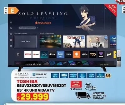 Toshiba 65U2363Dt/65Uv1563Dt 65" 4K Uhd Vıdaa Tv
