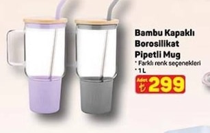 Bambu Kapaklı Borosilikat Pipetli Mug 1L