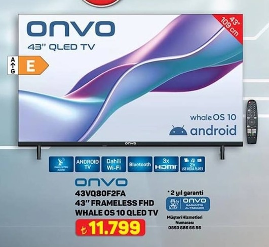 Onvo 43Vq80F2Fa 43" Frameless Fhd Whale Os 10 Qled Tv
