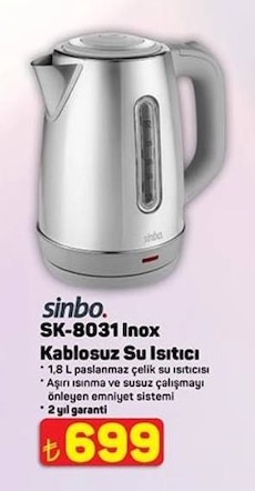 Sinbo Sk-8031 Inox Kablosuz Su Isıtıcı