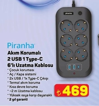 Piranha Akım Korumalı 2 Usb 1 Type-C 6'Lı Uzatma Kablosu