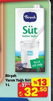 Birşah Yarım Yağlı Süt 1 L