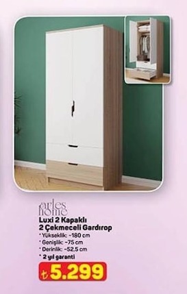 Arles Home Luxi 2 Kapaklı 2 Çekmeceli Gardırop
