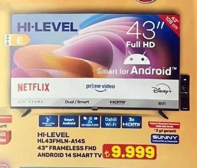 Hi-Level Hl43Fmln-A14S 43" Frameless Fhd Android 14 Smart Tv