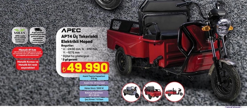 Apec Apt4 Üç Tekerlekli Elektrikli Moped