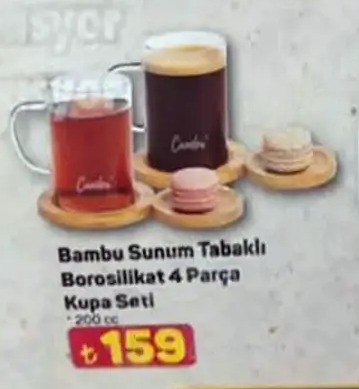 Bambu Sunum Tabaklı Borosilikat 4 Parça Kupa Seti 200Cc