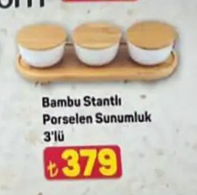 Bambu Stantlı Porselen Sunumluk 3'Lü