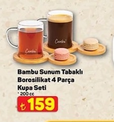 Bambu Sunum Tabaklı Borosilikat 4 Parça Kupa Seti 200 Cc