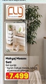Fly Makyaj Masası Seti, Aynalı Makyaj Masası, Tabure, 4 Çekmeceli Şifonyer