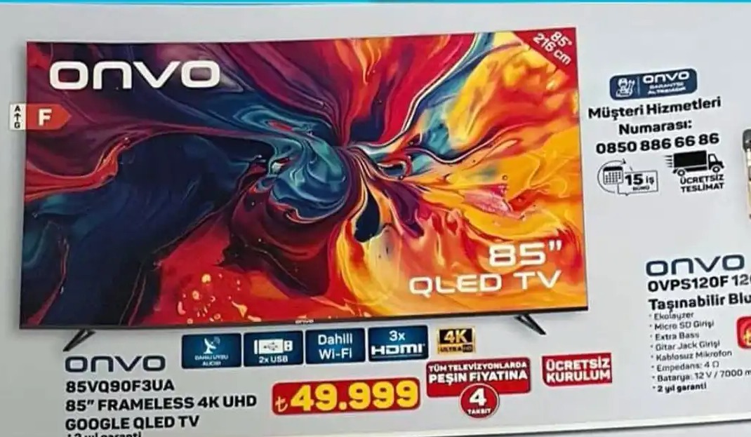Onvo Ovps120F 85" Frameless 4K Uhd Google Qled Tv