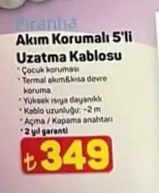 Piranha Akım Korumalı 5'Li Uzatma Kablosu