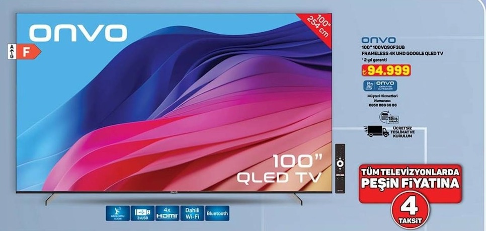 Onvo 100 " 100Vo90F3Ub Frameless 4K Uhd Google Qled Tv