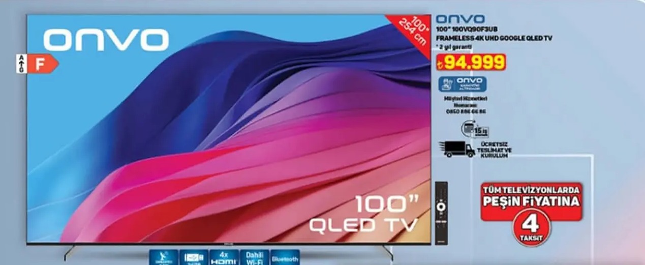 Onvo 100" 100Vo8080F3Ub Frameless 4K Uhd Google Qled Tv