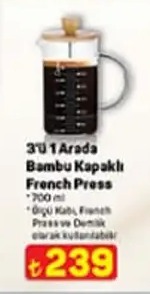 3'Ü 1 Arada Bambu Kapaklı French Press 700Ml