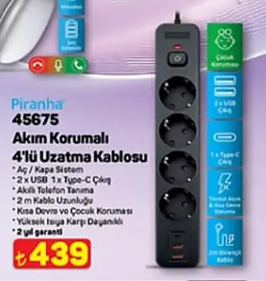 Piranha 45675 Akım Korumalı 4'Lü Uzatma Kablosu