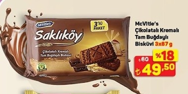 Mcvitie'S Saklıköy Çikolatalı Kremalı Tam Buğdaylı Bisküvi 3X87G