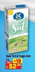 Sek %1,5 Yağlı Süt 1L