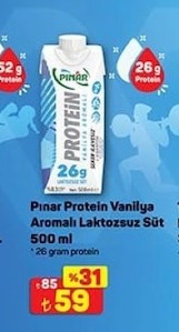 Pınar Protein Vanilya Aromalı Laktozsuz Süt 500 Ml