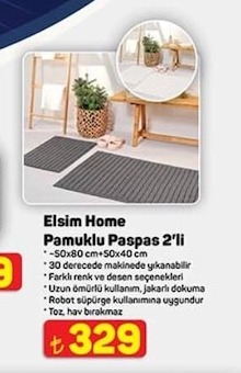 Elsim Home Pamuklu Paspas 2'Li 50X80Cm+50X40Cm