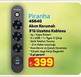 Piranha 45640 Akım Korumalı 3'Lü Uzatma Kablosu