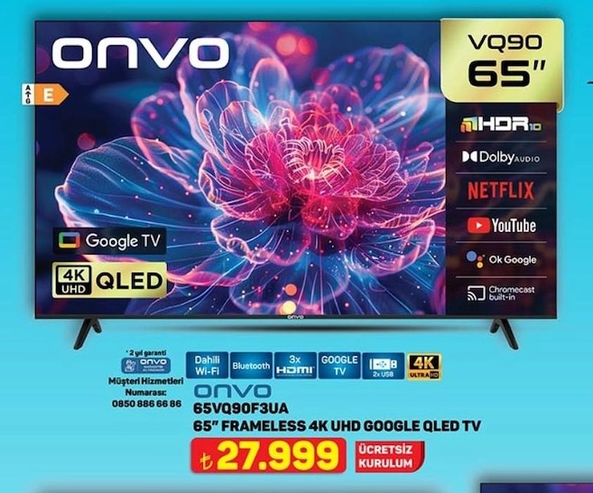 Onvo 65" Vq90F3Ua Frameless 4K Uhd Google Qled Tv