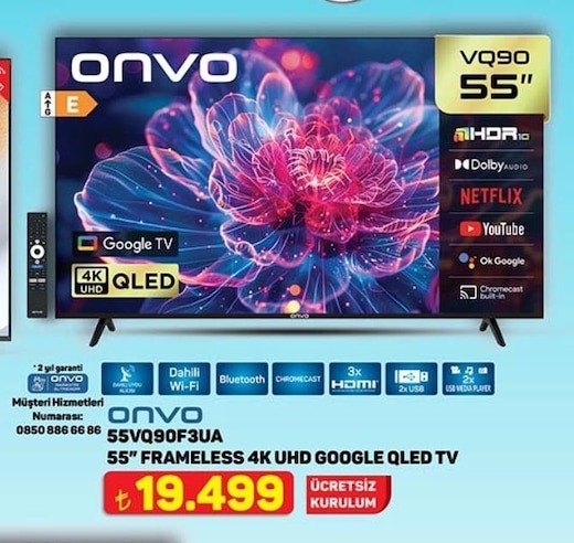 Onvo 55" Vq90F3Ua Frameless 4K Uhd Google Qled Tv
