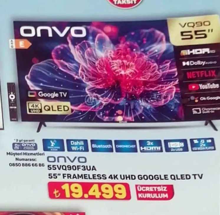 Onvo 55Vq90F3Ua 55" Frameless 4K Uhd Google Qled Tv