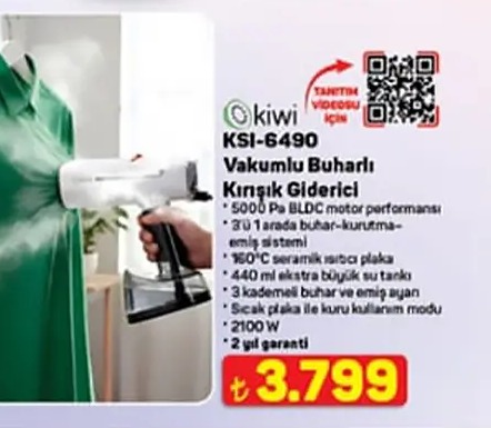 Kiwi Ksi-6490 Vakumlu Buharlı Kırışık Giderici 5000 Pa Bldc Motor 3'Ü 1 Arada Buhar-Kurutma Sistemi