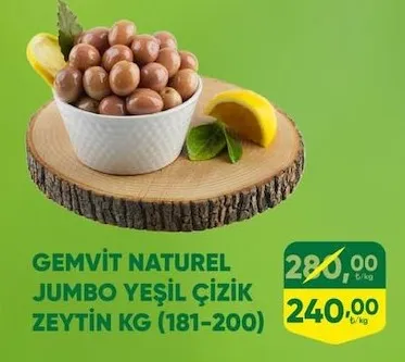 Gemvit Naturel Jumbo Yeşil Çizik Zeytin Kg (181-200)