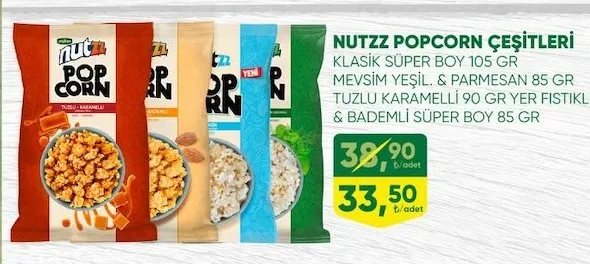 Nuzz Popcorn Çeşitleri Klasik Süper Boy 105 Gr Mevsim Yeşil & Parmesan 85 Gr Tuzlu Karamelli 90 Gr Yer Fistikli & Bademli Süper Boy 85 Gr