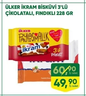 Ülker İkram Bisküvi 3'Lü Çikolatali, Findikli 228 Gr