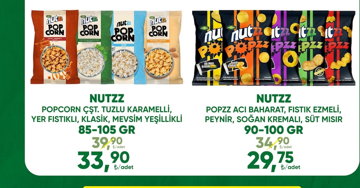 Nutzz Popcorn Çzt. Tuzlu Karamelli, Yer Fıstıklı, Klasik, Mevsim Yeşillikli 85-105G