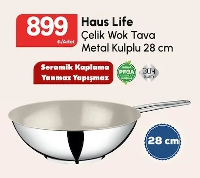 Haus Life Çelik Wok Tava Metal Kulplu 28 Cm