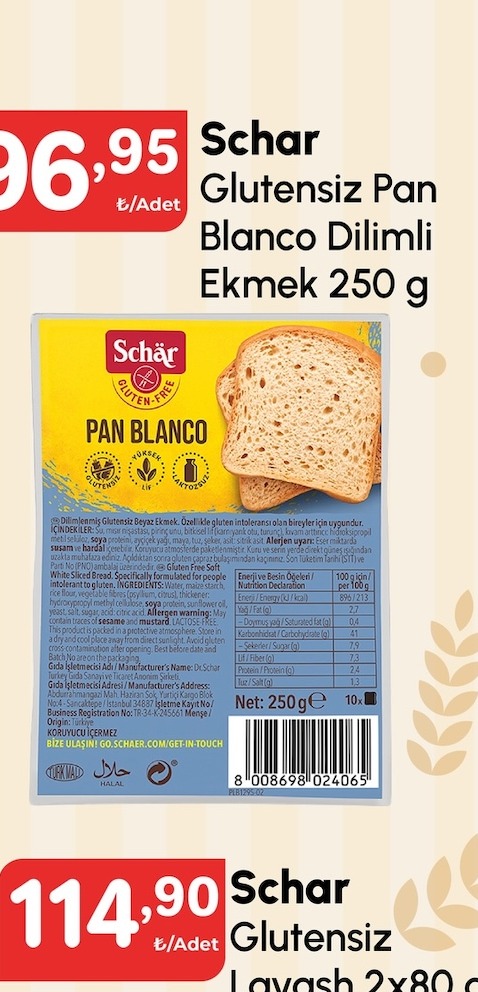 Schar Glutensiz Pan Blanco Dilimli Ekmek 250 G