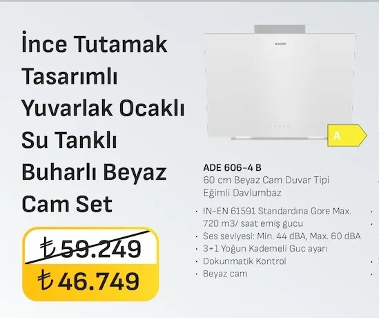 Arcelik Ade 606-4 B 60 Cm Beyaz Cam Duvar Tipi Eğimli Davlumbaz