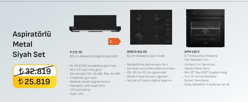 Arcelik Aspiratörlü Metal Siyah Set