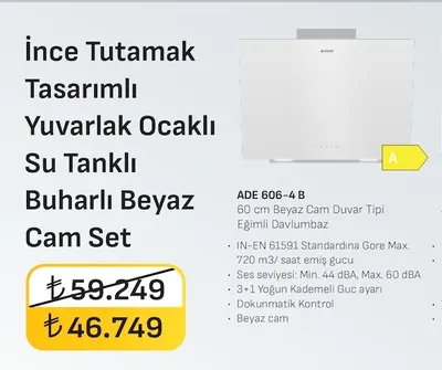 Arcelik Ade 606-4 B 60 Cm Beyaz Cam Duvar Tipi Eğimli Davlumbaz