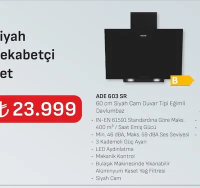 Arçelik Ade 603 Sr 60 Cm Siyah Cam Duvar Tipi Eğimli Davlumbaz